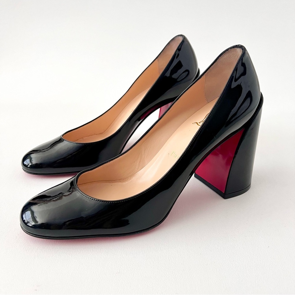 CHRISTIAN LOUBOUTIN | Miss Sab Black Patent Leather Block Heel Pumps 37.5 US 7.5